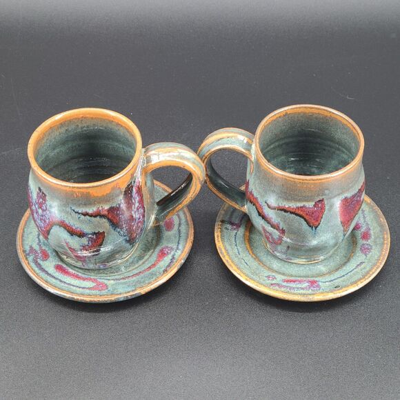 Vintage Art Pottery Cup Saucer Blue Green Purple Glazed Signed Set of 2 - Picture 4 of 6